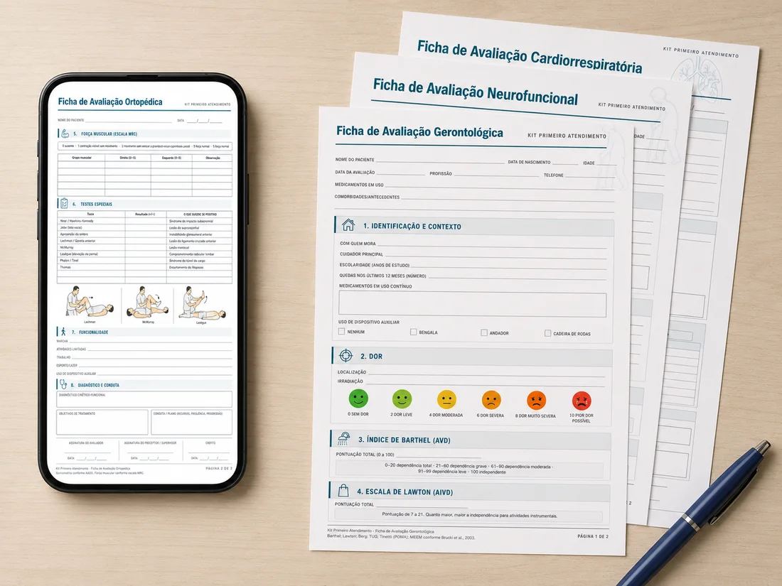Ficha de Avaliação Ortopédica aberta na tela do celular, ao lado de fichas impressas sobre a mesa